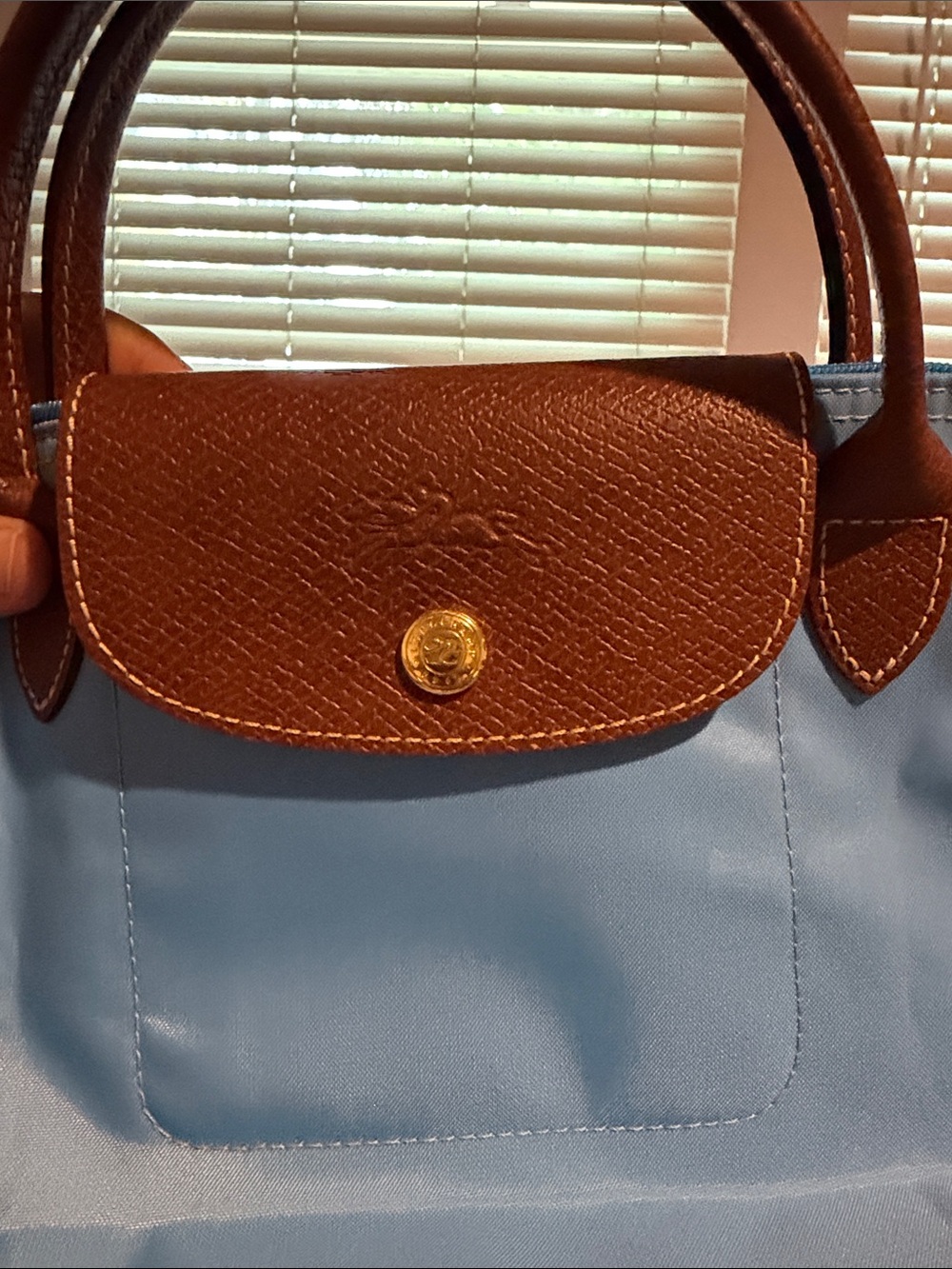 Longchamp Light Blue Nylon Tote with Brown Leather Trim - Excellent condition